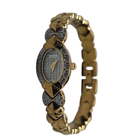 Bulova Ladies Diamond Bow Watch Gold Plated 15mm Silver Tone Dial 7" Band Quartz - Picture 14 of 16